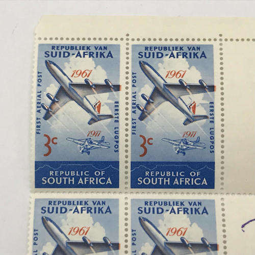 SACC 219 Anniversary of first SA flight - block of 6 stamps, all with large shift of orange printing