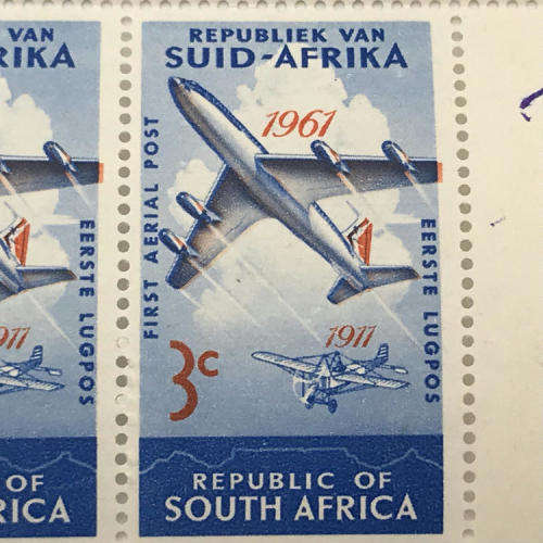 SACC 219 Anniversary of first SA flight - block of 6 stamps, all with large shift of orange printing