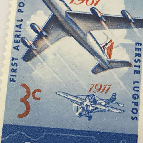 SACC 219 Anniversary of first SA flight - block of 6 stamps, all with large shift of orange printing
