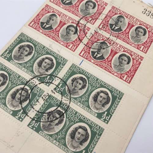 Southern Rhodesia Royal visit 1947 FDC - Salisbury cancel and Royal Train cancel - blocks of 4