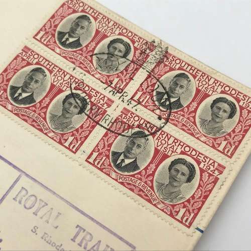 Southern Rhodesia Royal visit 1947 FDC - Salisbury cancel and Royal Train cancel - blocks of 4