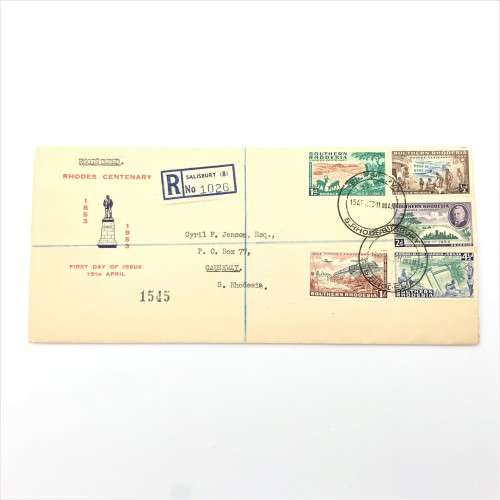 1953 Southern Rhodesia Centenary lot of 5 stamps on illustrated first day cover - SACC 73-77