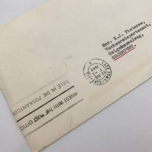 South Africa 1969 letter to the traffic department, Groenpunt - cancelled on the wrong side