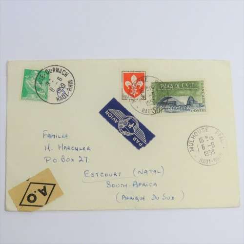 Postal cover - Airmail Haut-Rhin, France to Estcourt, South Africa posted 6-6-1959