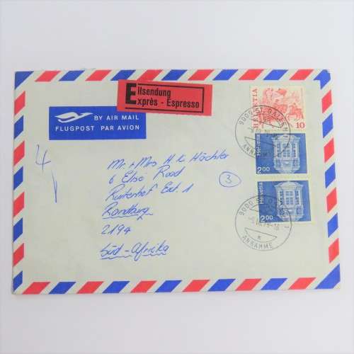 Postal Cover - Airmail and Express postage from St Gallen, Switzerland to Randburg