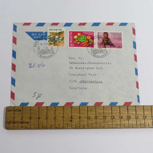 Postal cover - Airmail Stationery posted from Switzerland to Johannesburg, South Africa