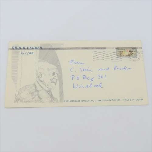 South West Africa 1966 Vedder first day cover with 1992 Namibia stamp used and cancelled Windhoek