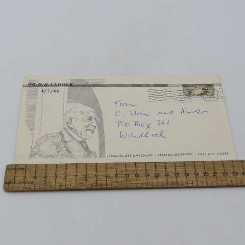 South West Africa 1966 Vedder first day cover with 1992 Namibia stamp used and cancelled Windhoek