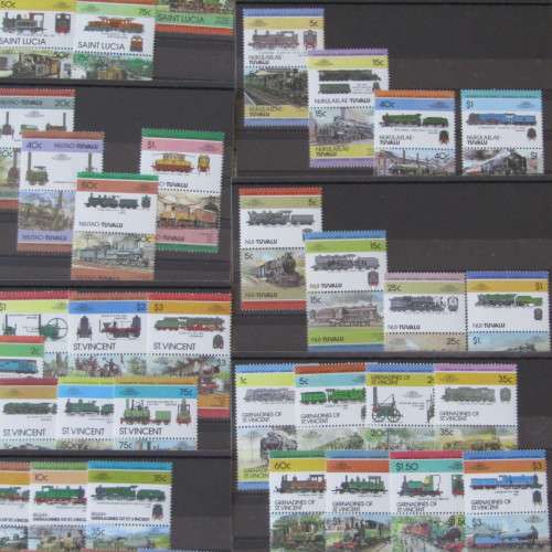 Lot of 91 Train Locomotive stamps - 16 sets on cards - mint