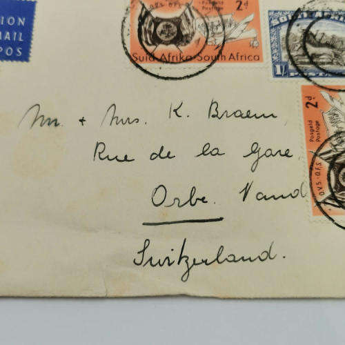 Postal cover - Airmail from Franklin, South Africa to Orbe-Vand, Switzerland