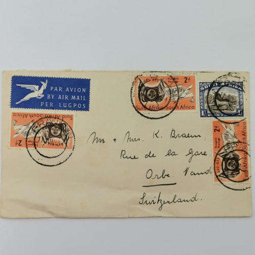 Postal cover - Airmail from Franklin, South Africa to Orbe-Vand, Switzerland
