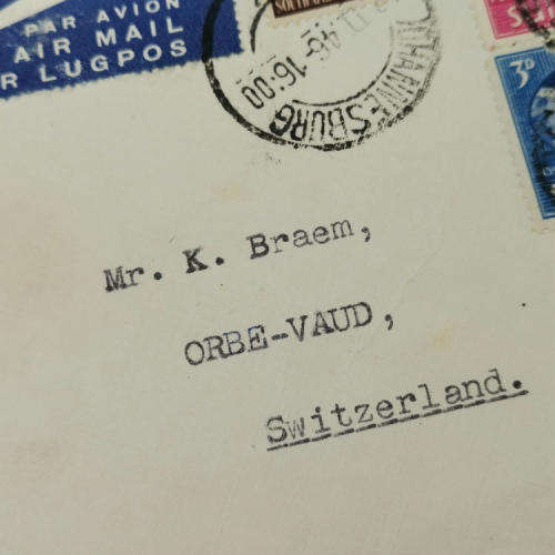 Airmail cover Johannesburg, South Africa to Orbe-Vaud, Switzerland - See descripiton
