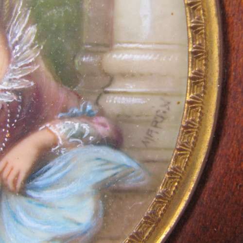 Antique miniature portrait painting in wooden frame by MARTIN