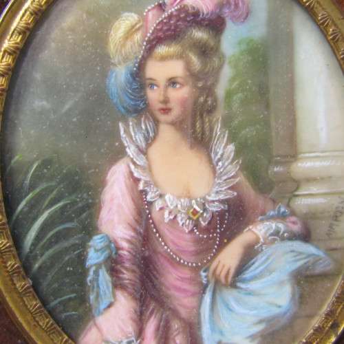 Antique miniature portrait painting in wooden frame by MARTIN
