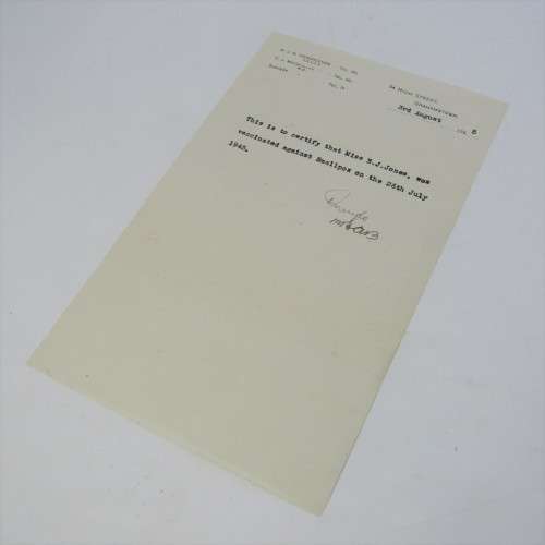 1945 Vaccination proof for smallpox