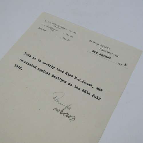 1945 Vaccination proof for smallpox