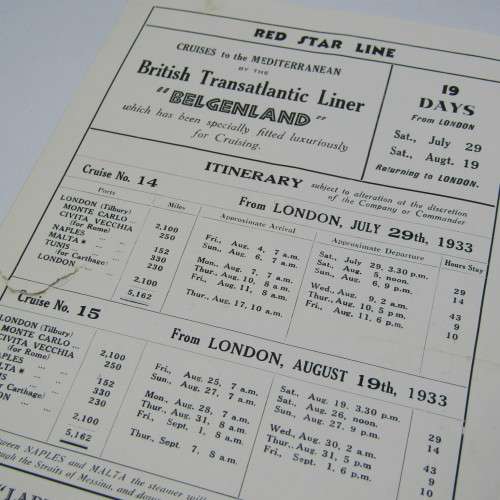 Pamphlet for Red Star cruise on the Belgenland 1933 (tear in pamphlet)