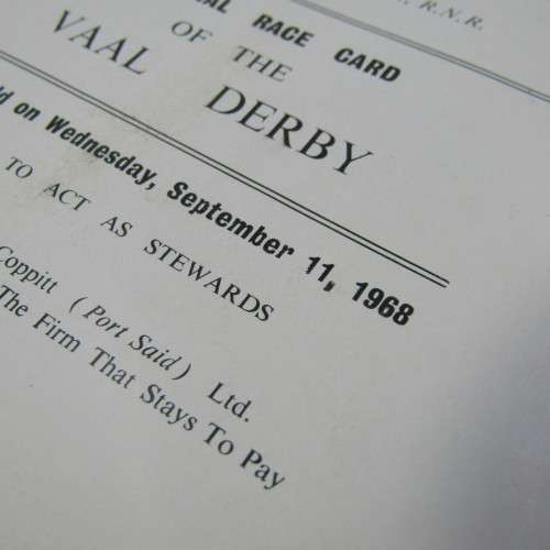 SA VAAL - VAAL DERBY game race card 11 Sept 1968