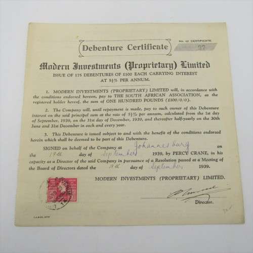 1939 Debenture Certificate - Modern Investments
