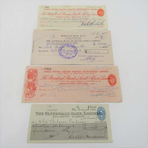 Lot of 4 vintage cheques - 1940`s and 1950`s Standard, Barclays and Clydesdale banks