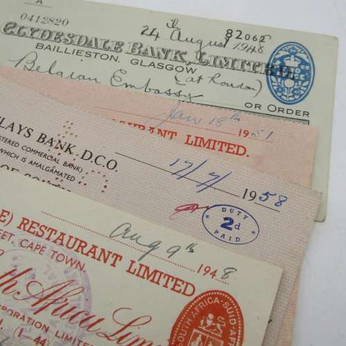 Lot of 4 vintage cheques - 1940`s and 1950`s Standard, Barclays and Clydesdale banks