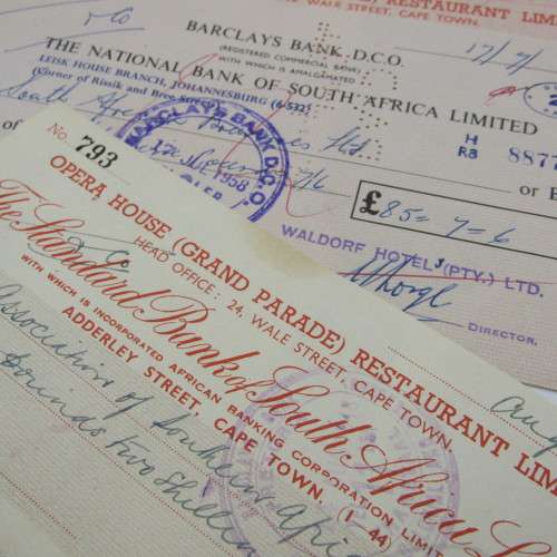 Lot of 4 vintage cheques - 1940`s and 1950`s Standard, Barclays and Clydesdale banks