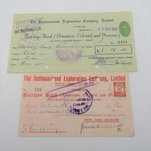 Pair of Bechuanaland Exploration Company cheques - 1940`s and 1950`s