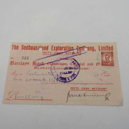 Pair of Bechuanaland Exploration Company cheques - 1940`s and 1950`s