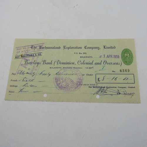 Pair of Bechuanaland Exploration Company cheques - 1940`s and 1950`s
