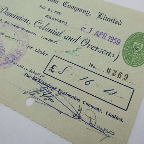 Pair of Bechuanaland Exploration Company cheques - 1940`s and 1950`s