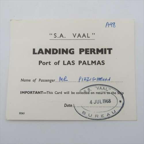 SA VAAL Landing permit for the port of LAS PACMAS - 4 July 1968