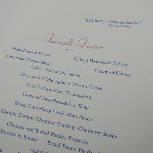 Farewell Dinner Menu for the Athlone Castle 22 March 1961 - Union Castle Line