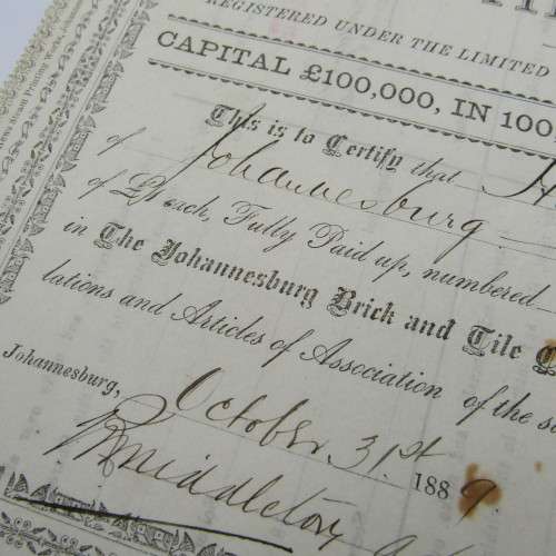 1889 The Johannesburg Brick and Tile Company Shares certificate
