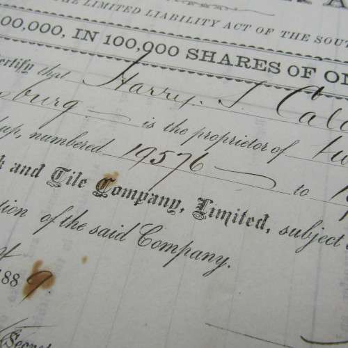 1889 The Johannesburg Brick and Tile Company Shares certificate