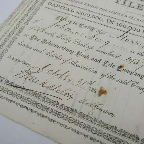 1889 The Johannesburg Brick and Tile Company Shares certificate