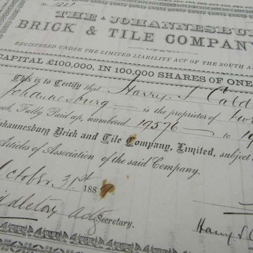 1889 The Johannesburg Brick and Tile Company Shares certificate