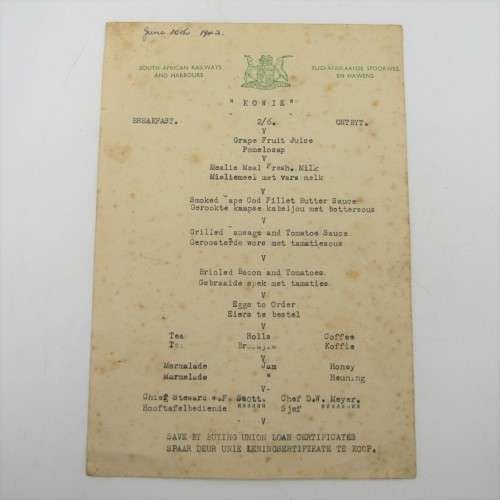 WW2 Signatures of passengers present at the breakfast on the `Kowie` on 10th June 1942