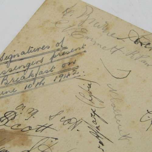 WW2 Signatures of passengers present at the breakfast on the `Kowie` on 10th June 1942