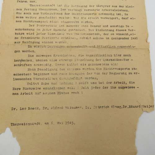 WW2 letter to the men and women of Theresienstadt at the end of WW2