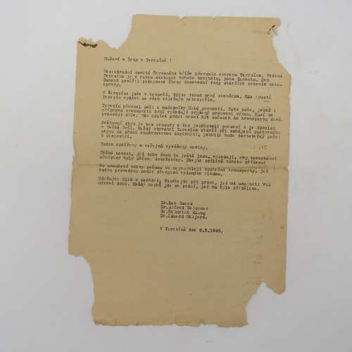 WW2 letter to the men and women of Theresienstadt at the end of WW2