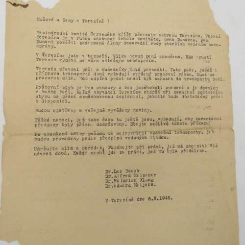 WW2 letter to the men and women of Theresienstadt at the end of WW2
