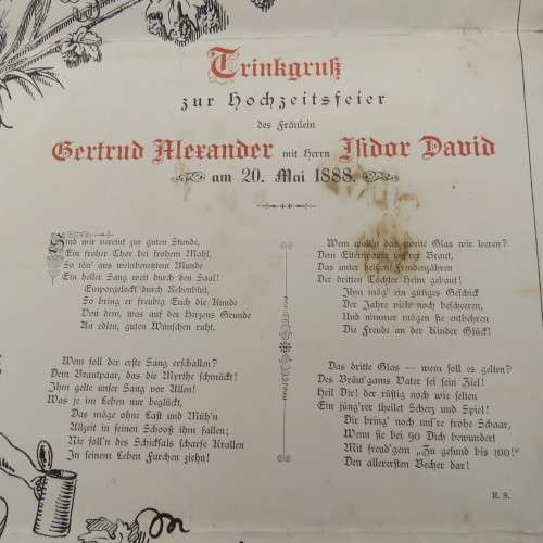 Wedding celebration poster 20/05/1888 Gertrud Alexander to Flidor David Tafel-lied on reverse