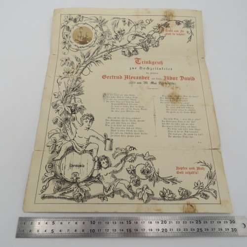 Wedding celebration poster 20/05/1888 Gertrud Alexander to Flidor David Tafel-lied on reverse