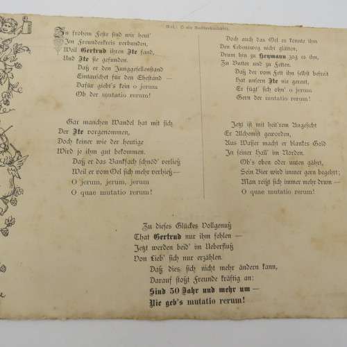 Wedding celebration poster 20/05/1888 Gertrud Alexander to Flidor David Tafel-lied on reverse