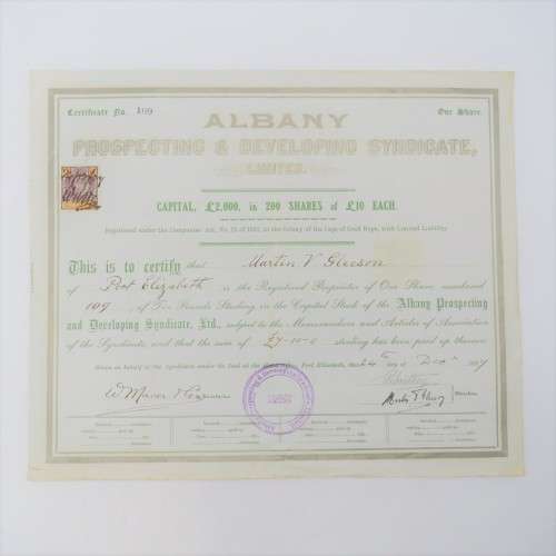 One share in the Albany Prospecting developing LTP, Colony of the Cape of Good Hope 1907 - To Martin