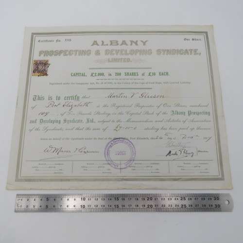One share in the Albany Prospecting developing LTP, Colony of the Cape of Good Hope 1907 - To Martin