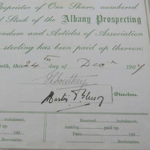 One share in the Albany Prospecting developing LTP, Colony of the Cape of Good Hope 1907 - To Martin
