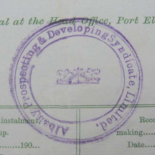 One share in the Albany Prospecting developing LTP, Colony of the Cape of Good Hope 1907 - To Martin