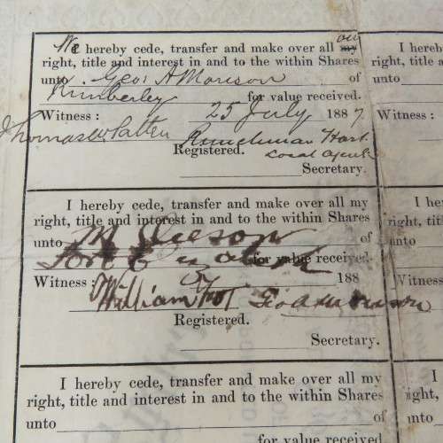 Four shares of one pound in the Kimberly Sheba Gold Mining Company - Baberton 1887 to Messe Runchman