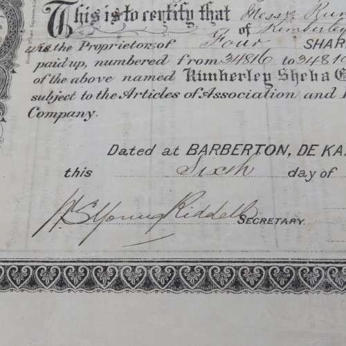 Four shares of one pound in the Kimberly Sheba Gold Mining Company - Baberton 1887 to Messe Runchman
